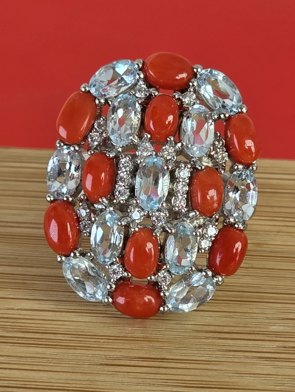 925 Sterling Silver Ring Sz 6.5 with Natural Coral & Aquamarine